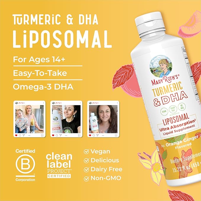 MARYRUTH'S Organics | Liposomal Turmeric &amp DHA | Curcumin | Ginger Root Oil | Algal DHA &amp Vitamin E | Cognitive Function | Mood Support | Joint Health | Liquid Supplement | 15.22 oz