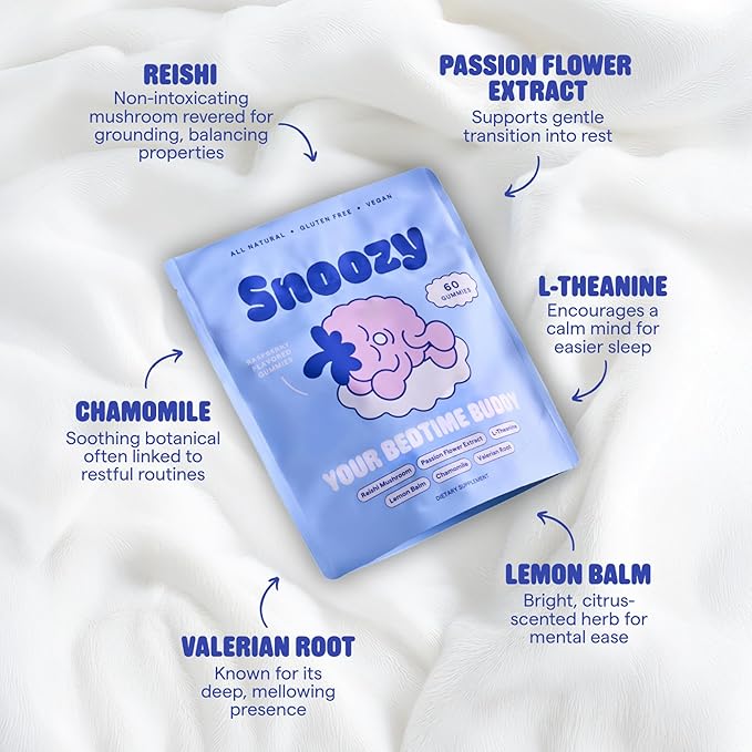 Snoozy Bedtime Buddy Reishi Mushroom Sleep Gummies | Chamomile Valerian Root Lemon Balm Extract | Natural Sleep Aid Melatonin Free | Raspberry Flavored 60 Gummies 1 Pack