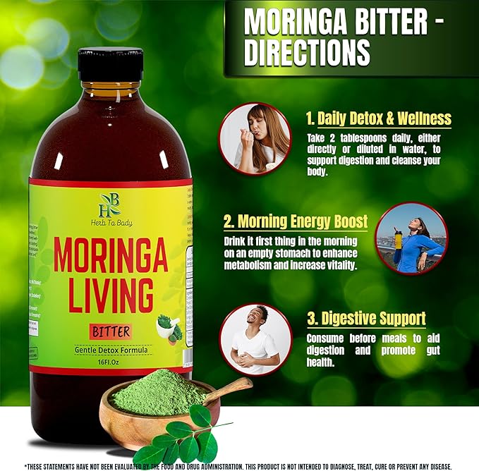 Herb To Body Moringa Bitters Liquid - 16oz Herbal Blend with Moringa Leaf and Root Natural Detox and Digestive Bitters for Daily Balance and Vitality