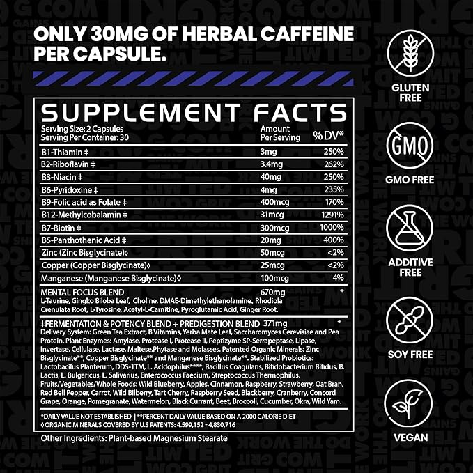 Gains in Bulk Elevated Nootropic Herbal Energy Supplements with Ginkgo Biloba B Vitamins DMAE Clean Energy &amp Focus Supplement Supports Digestive Health Cognitive Brain Health Vegan 60 Capsu