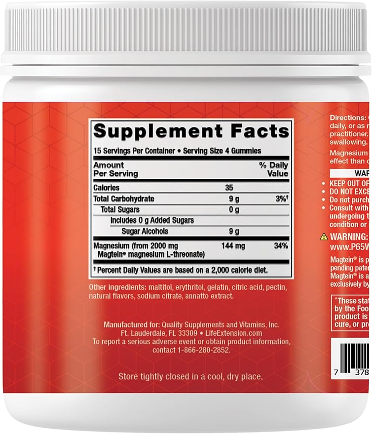 Life Extension Gummy Science™ Neuro-Mag® Magnesium L-Threonate Memory Support Quick Thinking cognition Magnesium Supplement Gluten-Free Non-GMO Orange Flavor 60 Gummies