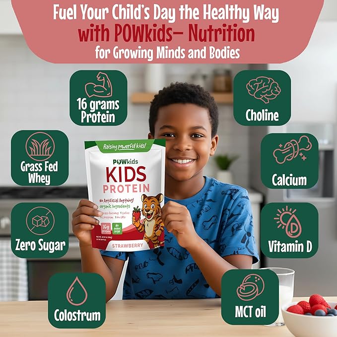 Kids Protein Shake Powder 16g – No Added Sugar Organic Ingredients Grass-Fed Whey Proteins – Calcium &amp Choline for Bone Strength &amp Brain Development Protein Shake – Strawberry