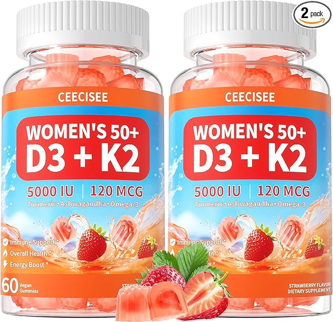 Vitamin D3 K2 Gummies Supplement for Women 50+: Organic Vitamin D3 5000 IU + K2 (MK-7) 120 mcg with 500mg Omega-3 400mg Calcium CoQ10 for Immune Health - Extra Strength for Adults(120Count)