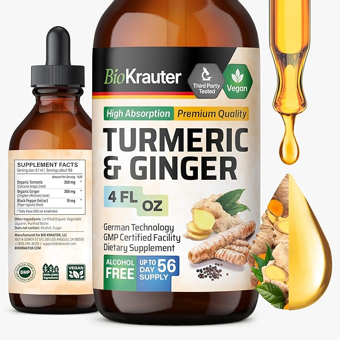 BIO KRAUTER® Turmeric and Ginger Supplement - Pure Vegan Liquid Turmeric &amp Ginger Tincture with Pepper 4 Fl.Oz 56 Days of Supply - Curcumin Drops for Joint Support Antioxidant &amp Immune Suppor