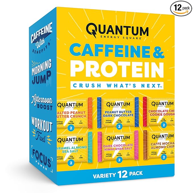 Quantum Energy Square: Energy Bar with Caffeine &amp 10g Protein. Delicious Healthy Snack On The Go. (Vegan Gluten-free Soy-free Dairy-free) (Variety 12-Pack)