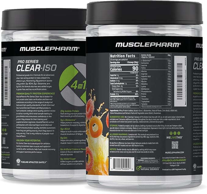 MusclePharm Pro Series Clear-ISO Clear Protein Powder 20g Fast-Acting Whey Isolate per Serving Plus BCAAs &amp L Glutamine | Pro-Grade Muscle Recovery &amp Growth | Sour Peach Rings 1.14 lb 20 S