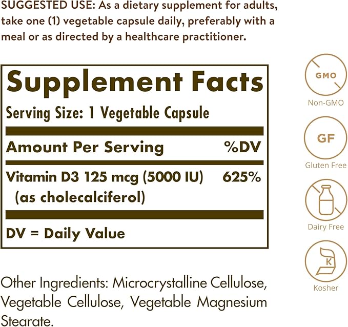 Solgar Vitamin D3 (Cholecalciferol) 125 mcg (5000 IU) 240 Vegetable Capsules - Helps Maintain Healthy Bones &amp Teeth - Immune System Support - Non-GMO Gluten Free - 240 Total Servings