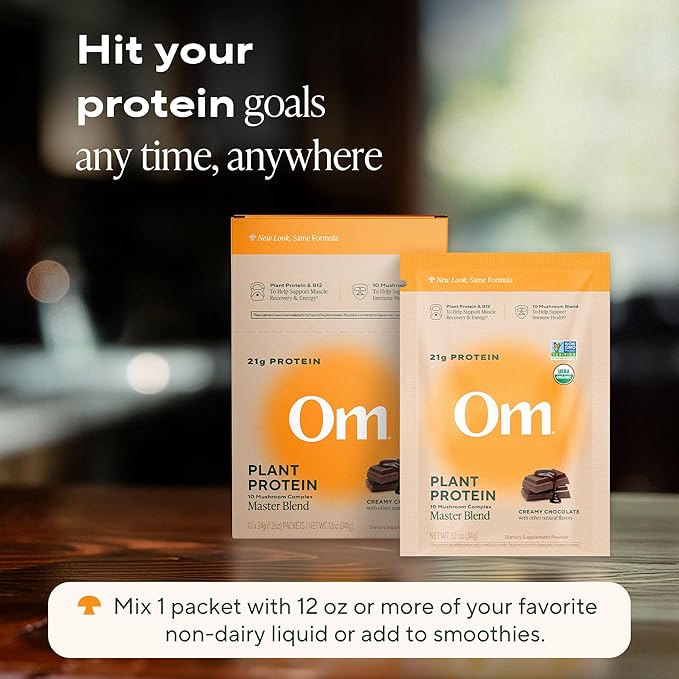 OM MUSHROOM SUPERFOOD Master Blend Vegan Protein – Organic Chocolate Plant Protein with 10 Mushrooms Ashwagandha BCAAs &amp B12 – Energy Recovery &amp Immune Support – 10 Single Serves