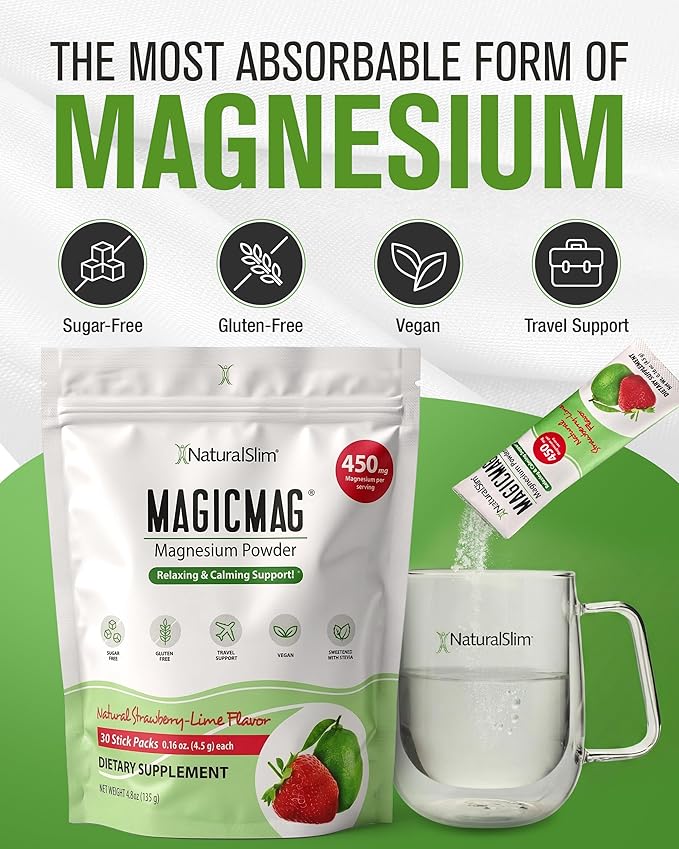 NaturalSlim Magicmag Pure Magnesium Citrate Powder – Stress Constipation Muscle and Heart Support | Magnesium Supplement Drink Mix Strawberry Lime 0.16 Ounce