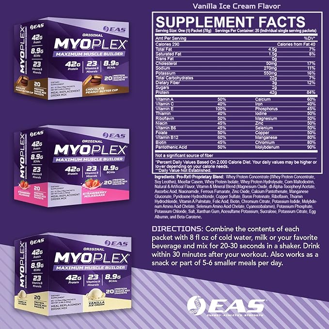 EAS Original Myoplex Maximum Muscle Builder | Meal Replacement Protein Drink Mix | Quality Protein Blend | 42g Protein | 20 Individual Packets (Strawberry Milkshake)