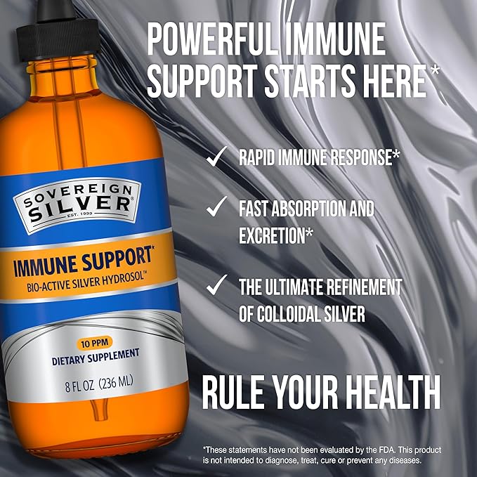 Sovereign Silver Immune Support - Colloidal Silver Bio-Active Silver Hydrosol 10 ppm Liquid Dropper 8 Fl Oz (236 mL)