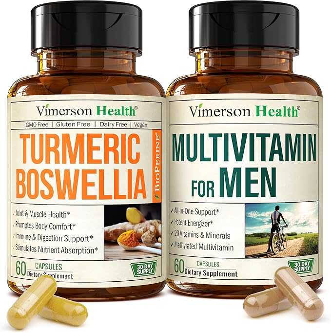Boswellia Turmeric Curcumin Supplement + Multivitamin for Men Bundle – Supports Joint Health &amp Complete Daily Wellness – with Ginger Root Organic Turmeric Powder Methylated Vitamin B12 Zinc &am