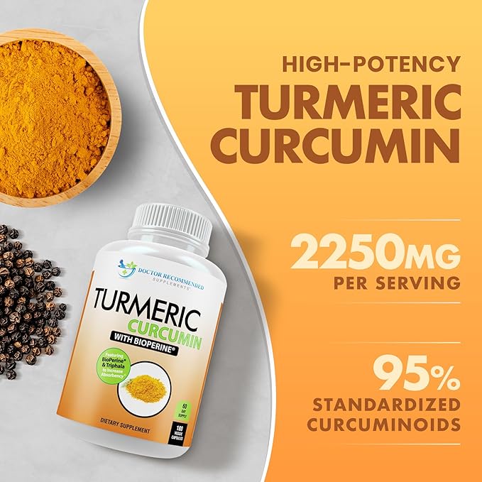 Turmeric Curcumin Supplement - 2250mg/d - Veggie Caps - 95% Curcuminoids with Black Pepper Extract (Bioperine) - 750mg Capsules - 100% Organic - Most Powerful Turmeric (180 Count)