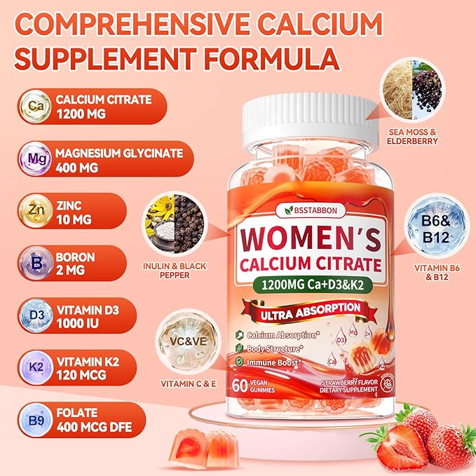 Calcium Supplements for Women Gummies: Organic Chewable Sugar Free Vegan Calcium 1200 mg with Vitamin D3 K2 B6 B12 Mineral Magnesium Zinc Citrate - for Womens Immune Overall Health(120Count)