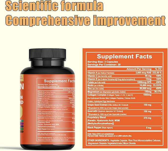 Multi Vital Collagen Peptides Capsules - Types I II III V &amp X Biotin Keratin Hyaluronic Magnesium Zinc Vitamin A C E Grape Seed Extract Quercetin with Folate (2)