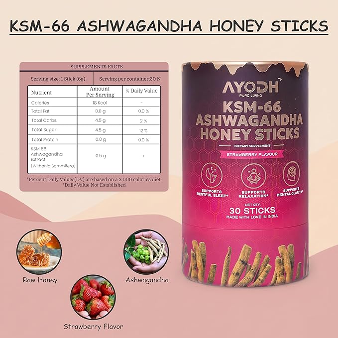 Premium KSM-66 Ashwagandha Honey Sticks – 30 Natural Himalayan Honey Sticks with 400 mg Ashwagandha Extract Promotes Relaxation &amp Calm Focus Non-GMO Daily Adaptogen Wellness