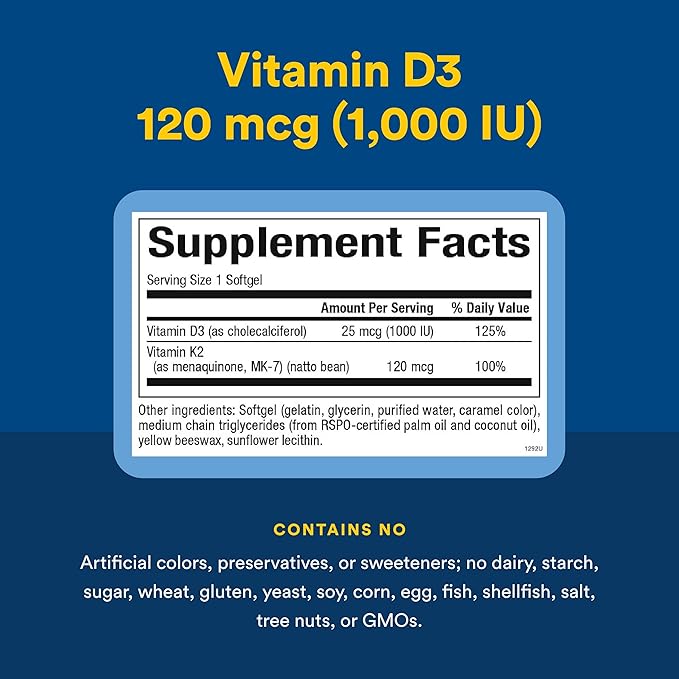 Natural Factors Vitamin D3 &amp K2 1000 IU and 120 mcg Supports Bone and Vascular Health 60 Softgels