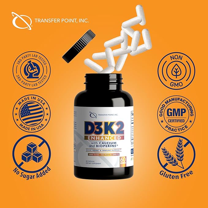 D3K2 Enhanced with Calcium &amp BioPerine® - 5000 IU Vitamin D3 + 100 mcg Vitamin K2 MK-7 - Once-Daily Formula 60 Capsules