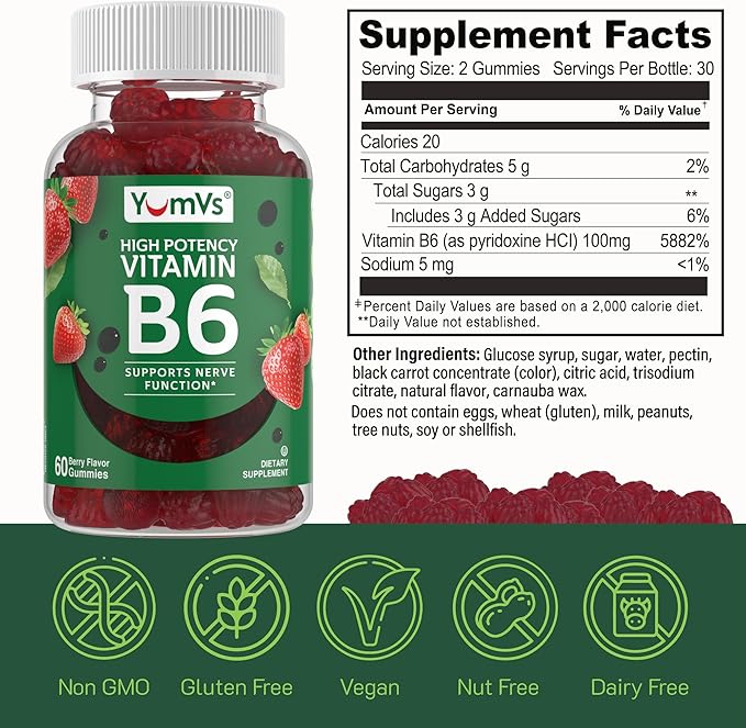 YUM-V'S Vitamin B6 Gummies - High Potency Vitamin B6 100mg - Strawberry Flavor B6 Vitamins Gummies - Nerve &amp Immune Function Non GMO Kosher 60 Count - 2 Pack
