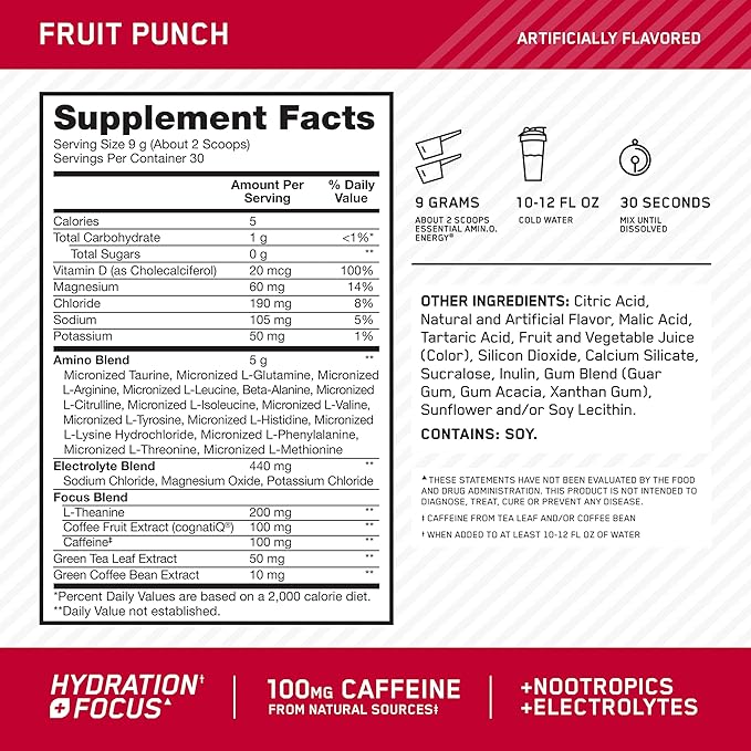Optimum Nutrition Amino Energy Powder Plus Focus with BCAA Electrolytes and Caffeine Fruit Punch 30 Servings (Packaging May Vary)