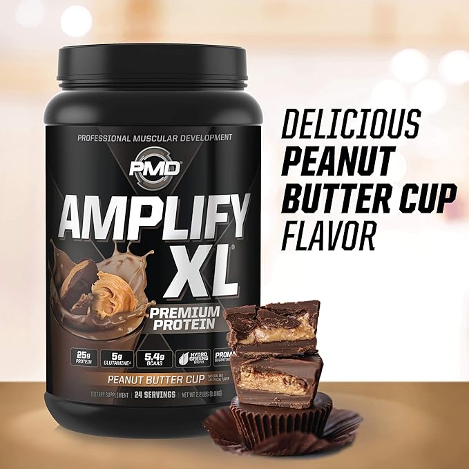 PMD Sports Amplify XL Premium Whey Protein Supplement Hydro Greens Blend - Glutamine and Whey Protein Matrix with Superfood for Muscle Strength and Recovery - Peanut Butter Cup (24 Servings)
