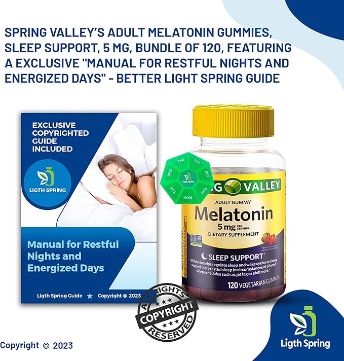 Melatonin 5Mg 120 Gummies Sleep Support (3 Pack) with Bundle Exclusive Better Ligth&ampSpring Guide + Weekly Pill Organizer (5 Items)