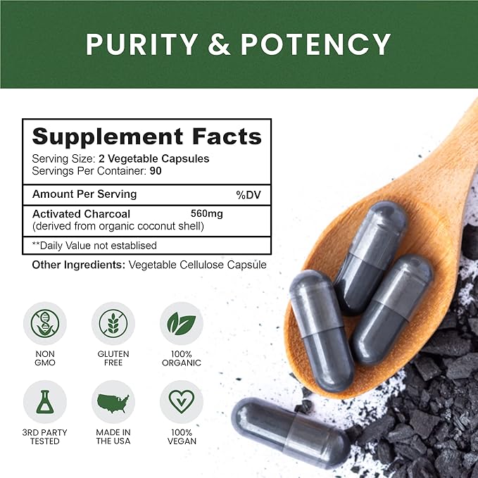 Pure Coconut Activated Charcoal Capsules - 180 Charcoal Pills Helps with Teeth Whitening Bloating and Body Cleansing. Non-GMO - Gluten Free Vegan