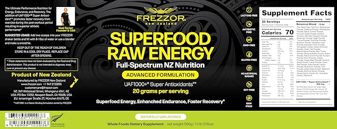 FREZZOR Superfood Raw Energy Powder with UAF1000+ All-Natural Hemp Protein Energy Packed Full Spectrum Plant Proteins Amino Acids &amp Antioxidants Prebiotic Probiotic 500g 50 Scoops 1 Count