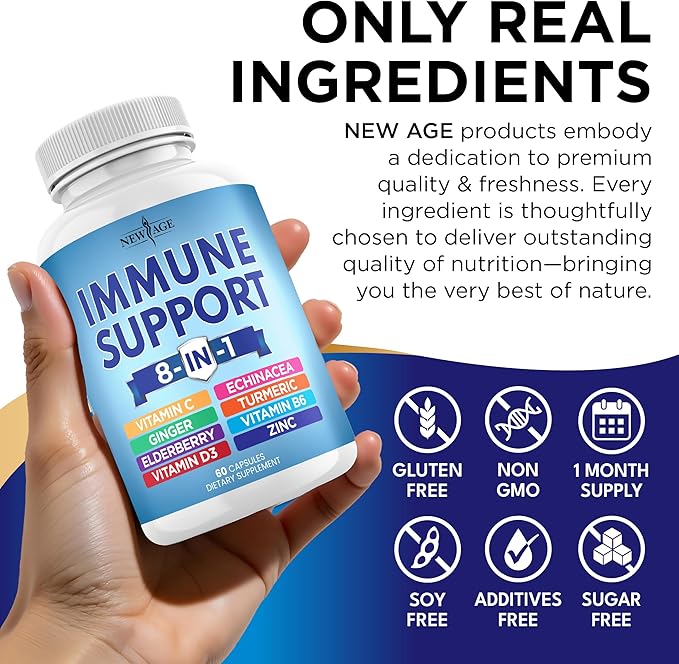 NEW AGE 8 in 1 Immune Support Booster Supplement with Echinacea Vitamin C and Zinc 50mg Vitamin D 5000 IU Turmeric Curcumin &amp Ginger B6 Elderberry 120 Count (Pack of 2)