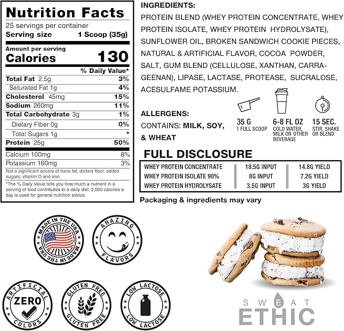 Sweat Ethic Whey'd Protein Powder 25 G Whey Protein Blend with Concentrate (30 Ounce Ice Cream Cookie Sandwich)