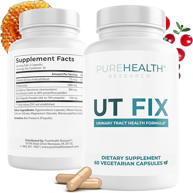 PUREHEALTH RESEARCH UT Fix - Urinary Tract Health Formula - Urinary Tract Support for Women &amp Men - Cranberry Supplement with D Mannose 1000mg Vitamin D3 &amp Bee Propolis - 60 Capsules