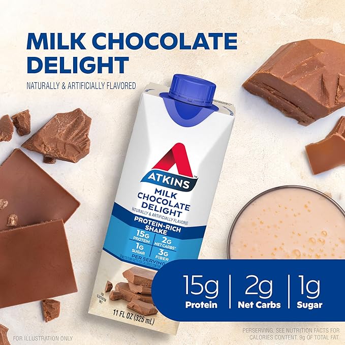 Atkins Peanut Butter Granola Protein Meal Bar High Fiber 16g Protein 1g Sugar 4g Net Carb &amp Milk Chocolate Delight Protein Shake 15g Protein Low Glycemic 2g Net Carb 1g Sugar