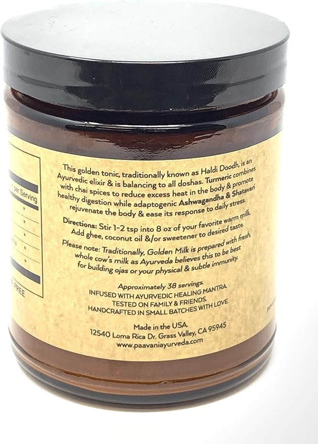 PAAVANI Ayurveda Golden Milk - Made in USA - Ayurvedic Turmeric &amp Ashwagandha Blend - Powdered Supplement - Haldi Doodh - 100% Organic - 38 Servings