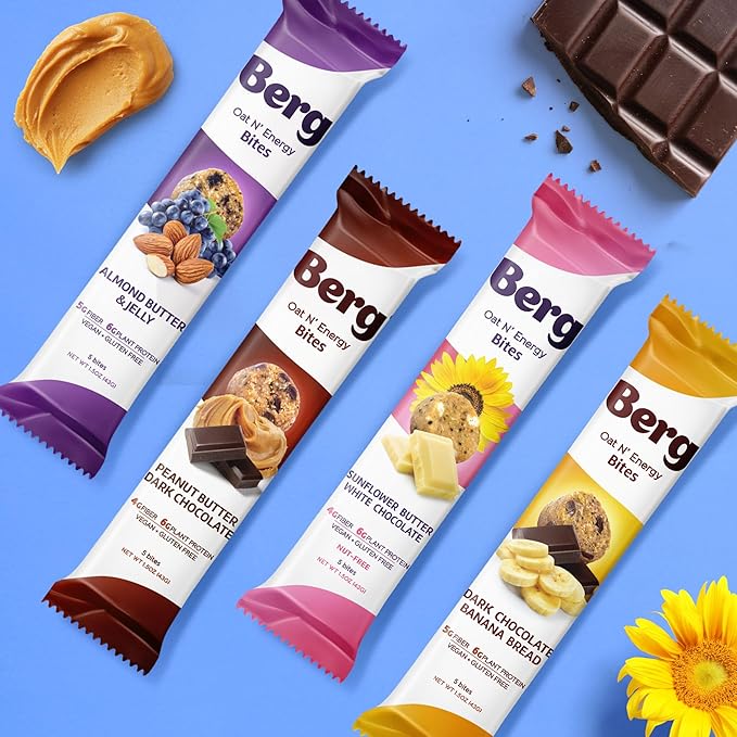 Berg Bites Plant-Based Almond Butter &amp Jelly Bites Vegan Gluten-Free 6g Protein 5g Fiber Energy Snack Box - Clean Energy Healthy Snack Bar - 1.5oz (8 Pack)