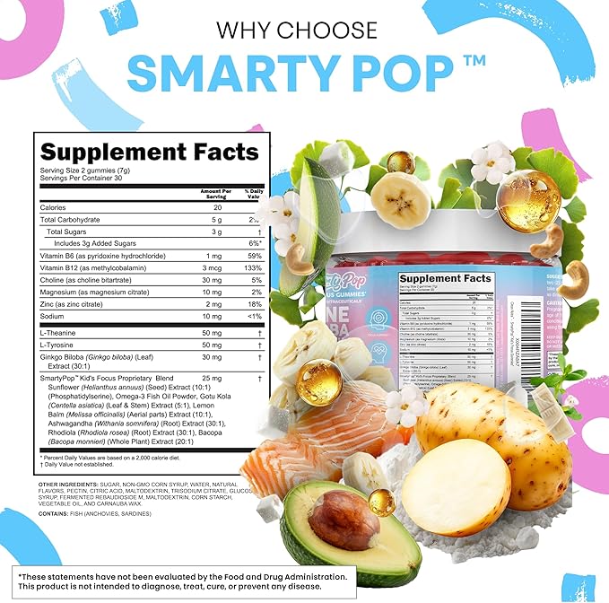 Clean Nutra Kids Focus Gummies with L-Theanine Ginkgo Biloba Omega-3 Fish Oil L-Tyrosine Vitamin B6 B12 – 60 Count Clean Label Non-GMO Vegan-Friendly SmartyPop Formula for Kids Support