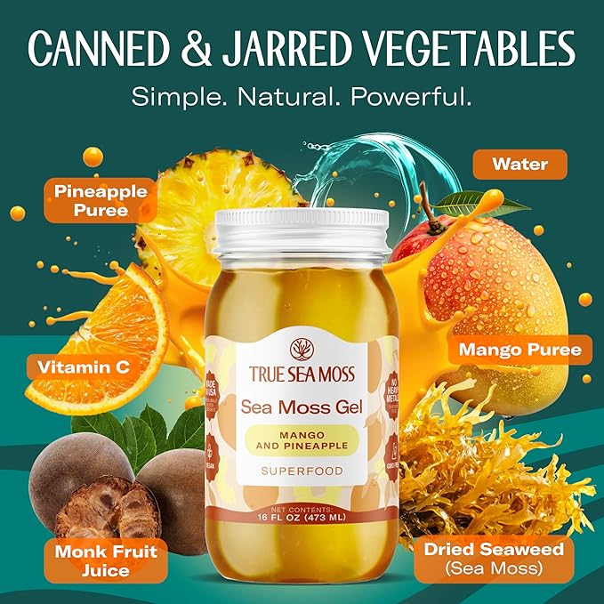 TrueSeaMoss Sea Moss Gel – Made in USA – Wildcrafted Seamoss Fruits &amp Jarred Vegetables – Mango/Pineapple Pack of 1 (Labels may Vary)