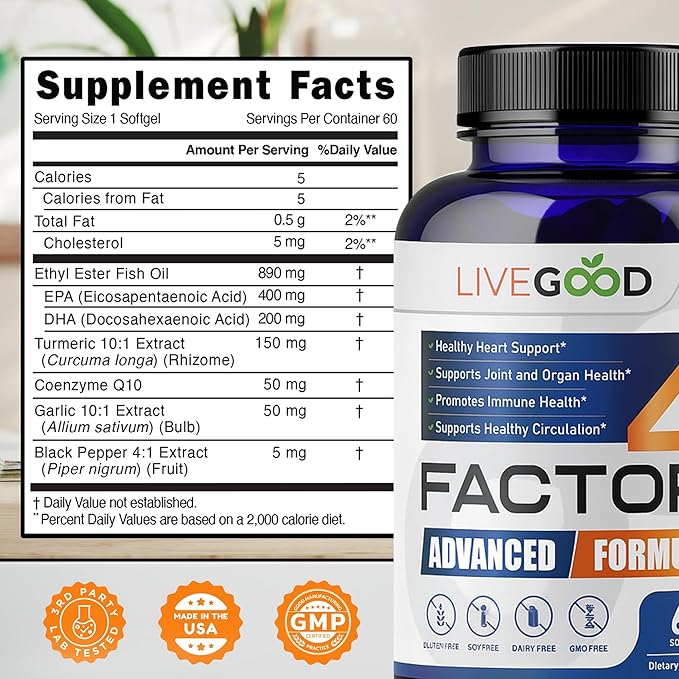 LIVEGOOD™ Factor 4 Omega 3 Fish Oil with EPA &amp DHA CoQ10 and Turmeric Advanced Q10 Coenzyme &amp CoQ10 Supplements DHA Supplements for Heart Joint &amp Immune Support Made in USA 60 Coun