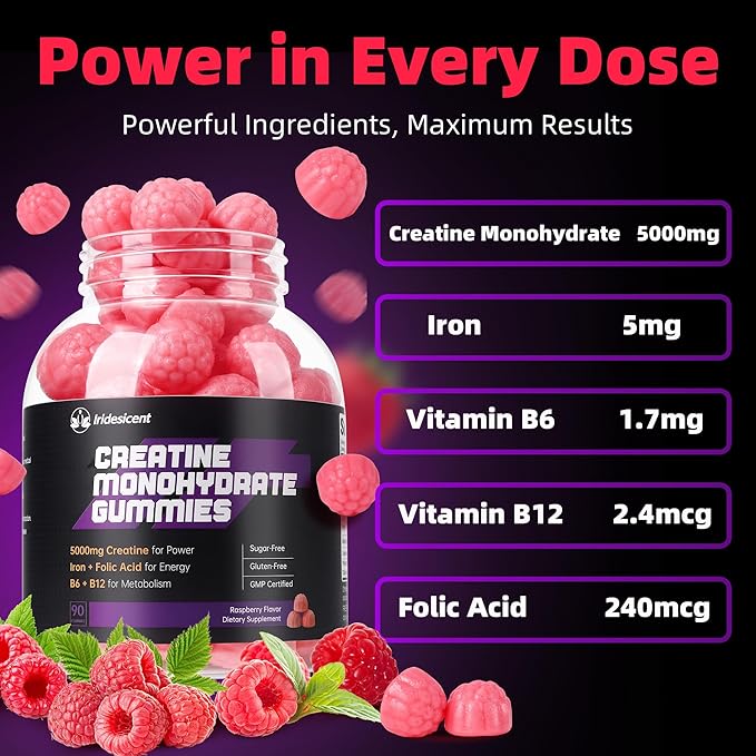 Creatine Monohydrate Gummies 5000mg w/Iron Vitamin B6 &amp B12 Sugar Free 5g Creatine Supplements for Women and Men Boost Energy &amp Muscle Recovery - 90 Raspberry Gummies