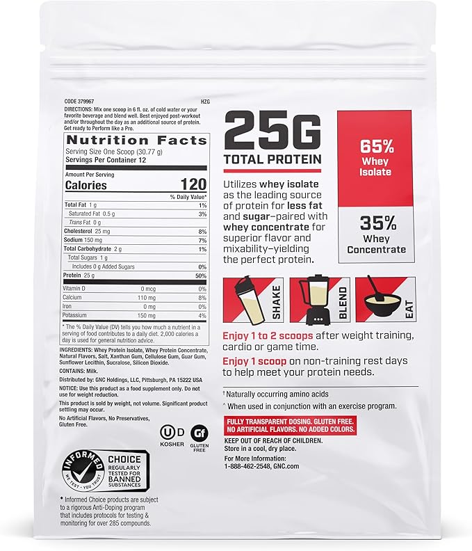 GNC Pro Performance 100% Whey Protein Powder 2.0 Fast Absorbing for Muscle Strength and Recovery Vanilla 12 Servings