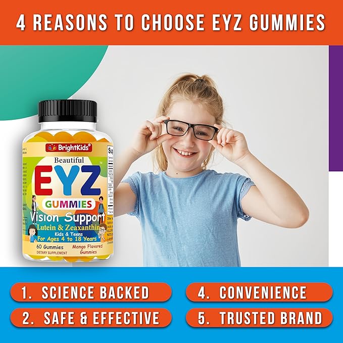 BrightKids Eye Health Gummies for Kids &amp Teens – Lutein &amp Zeaxanthin Vision Support – Vegan Non-GMO Eye Vitamins for Screen Time – Tasty Mango Flavor – 60 Gummies
