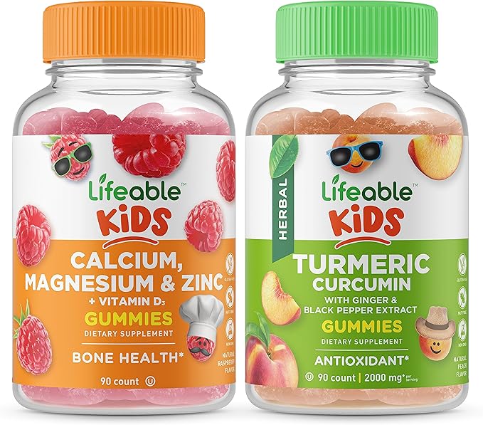 Lifeable Calcium Magnesium &amp Zinc Kids + Turmeric Curcumin Kids Gummies Bundle - Great Tasting Vitamin Supplement Gluten Free GMO Free Chewable Gummy