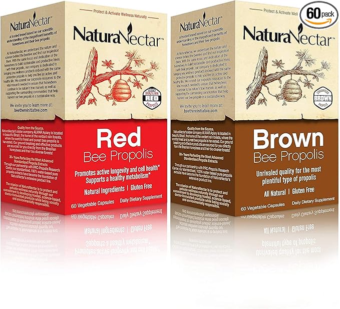 NaturaNectar Natural Bee Propolis Bundle - Red Propolis and Brown Propolis - for Immune Support Respiratory Health and Healthy Metabolism - 60 Capsules per Bottle