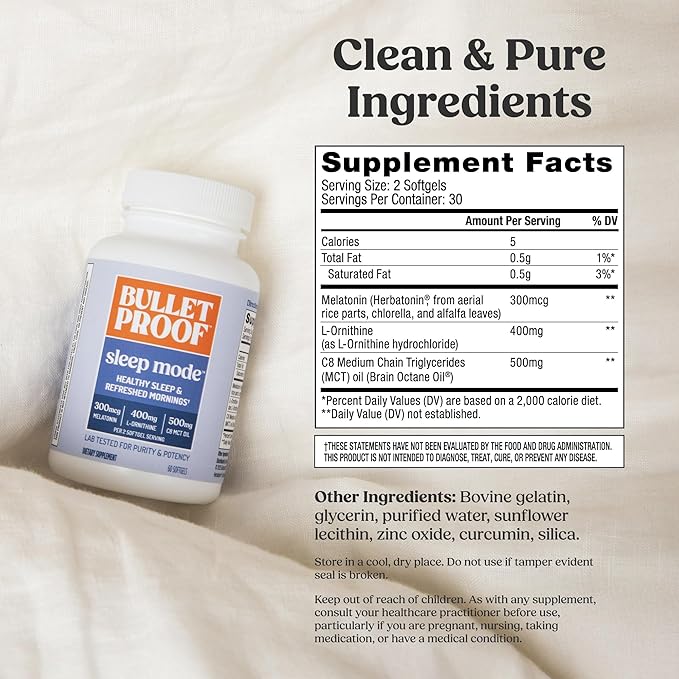 Bulletproof Sleep Mode Softgels 60 Count Supplement with Brain Octane C8 MCT Oil to Support Sleep