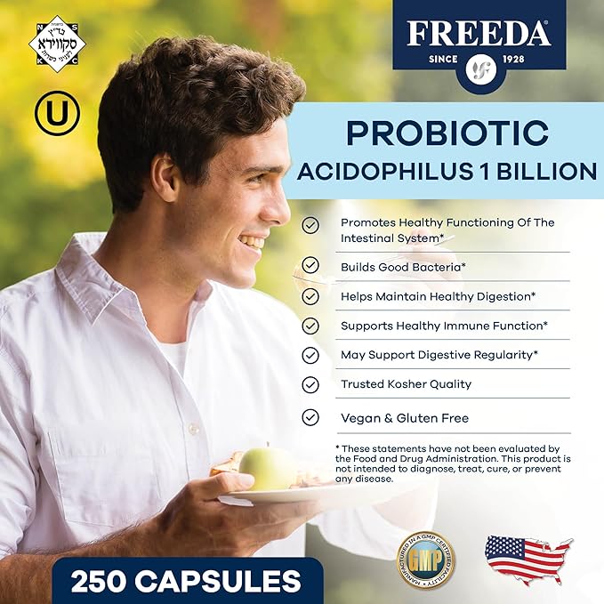 FREEDA Acidophilus Probiotic 1 Billion CFU – Lactobacillus Acidophilus for Women &amp Men – Gut Health &amp Digestive Support – Vegan Kosher Non-GMO – Shelf-Stable Supplement (100 Capsules)