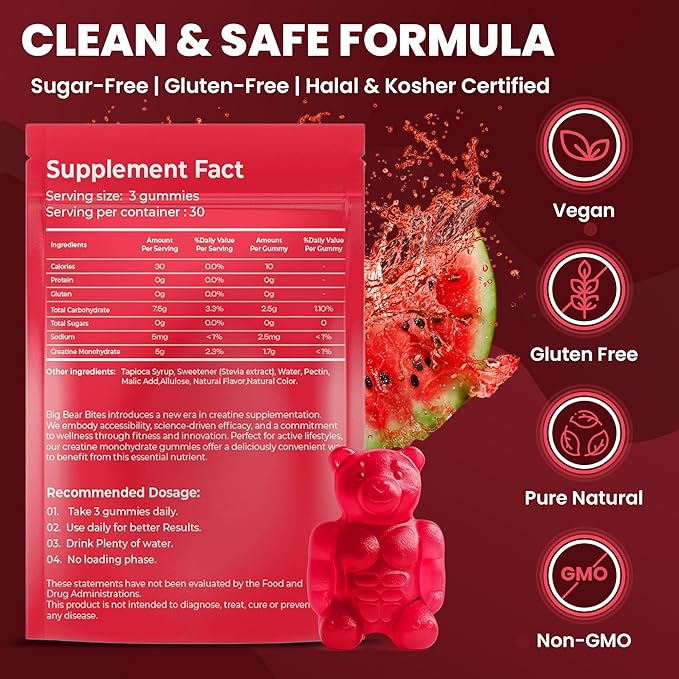 Creatine Monohydrate Gummies Bundle – Green Apple &amp Watermelon | 5000mg Per Serving | Sugar-Free Gluten-Free &amp Halal | 180 Gummies Total (2 x 90 Count) | for Men &amp Women