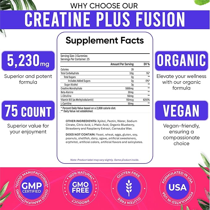 Adndale Creatine Gummies for Women &amp Men 5000mg per Serving Creatine Monohydrate Supplement with Beta-Alanine L-Citrulline &amp B12-75 Vegan Gummies. Sugar-Free