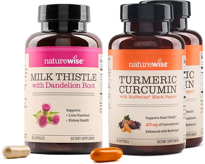 NatureWise [1] Milk Thistle + Dandelion Root - Vegan Non-GMO 60 Capsules[60-Day Supply] + (Pack of 2) Turmeric Curcumin 500mg + Bioperine Black Pepper - 30 Softgels[30-Day Supply]