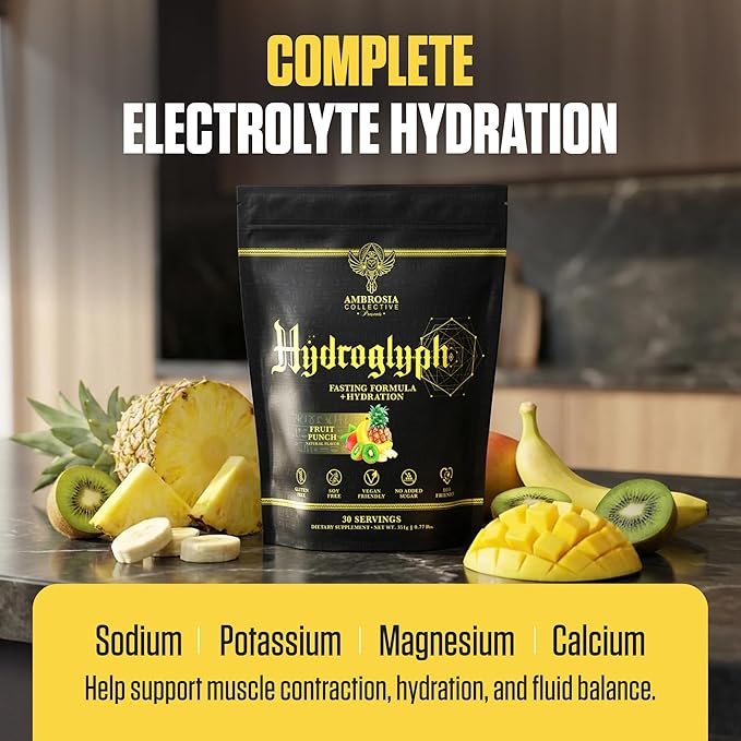 Ambrosia Hydroglyph Intraworkout Electrolytes Hydration Drink Mix | Sugar Free Electrolyte Powder with Amino Acids | Supports Lean Muscle During Fasting | 30 Servings | Strawberry Watermelon