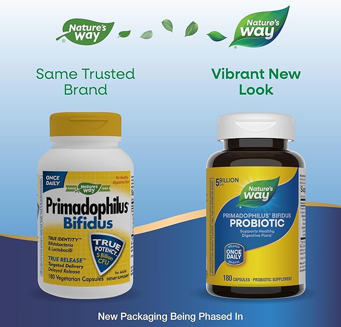 Nature's Way Primadophilus Bifidus Probiotic Supports Digestive Flora* 5 Billion Live Probiotic Cultures per Capsule Lactobacilli Bifidobacteria 180 Capsules (Packaging May Vary)