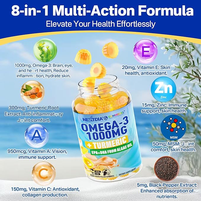 Vegan Omega-3 Gummies 1000mg + Turmeric - Omega 3 Fish Oil Alternative for Adults - Algae DHA 600mg &amp EPA 300mg Vitamins A C E Zinc &amp MSM Sugar Free 60 Cts
